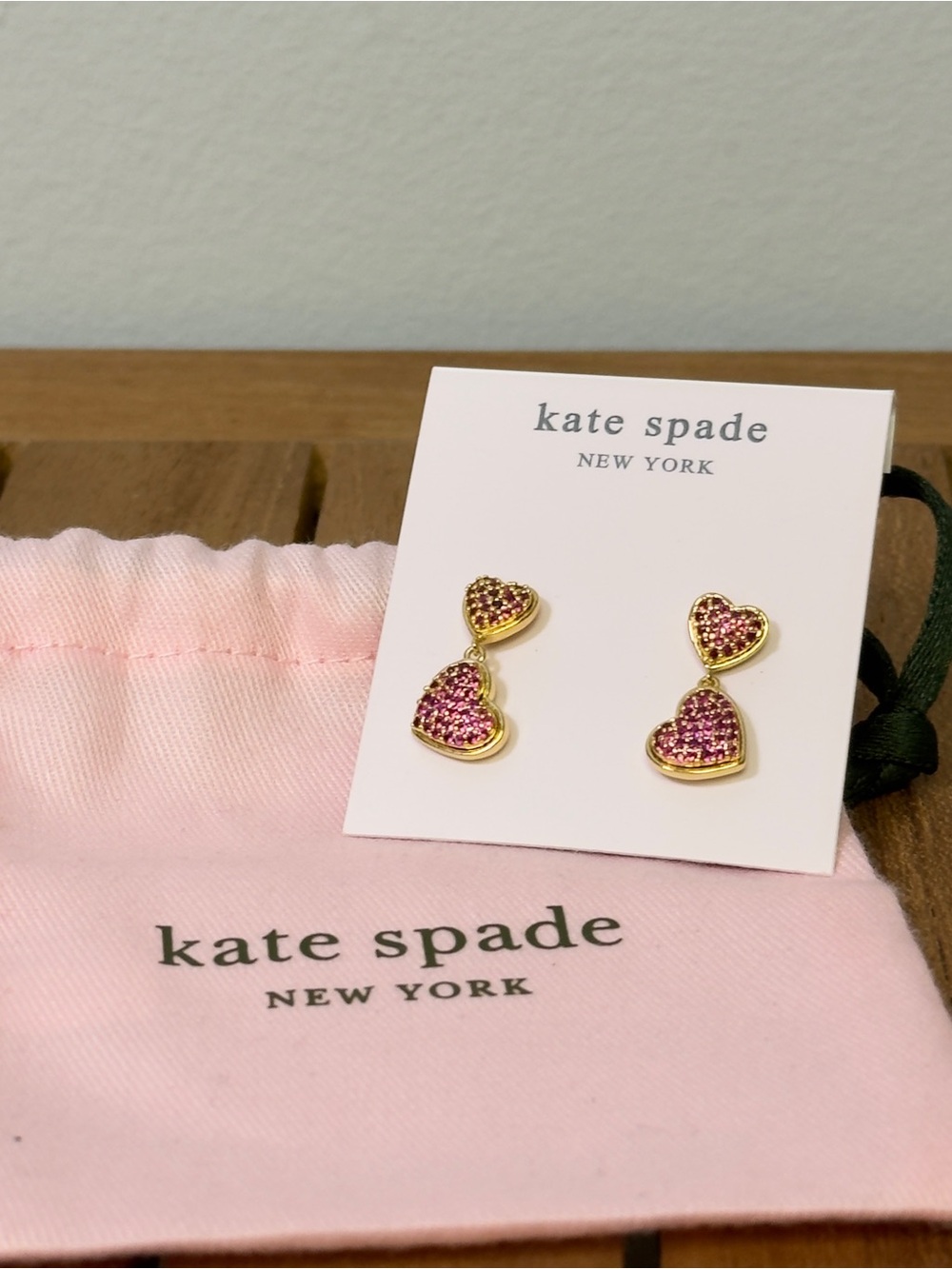 kate spade Gold-Tone Pink Pave Double Heart Earrings with Dust Bag